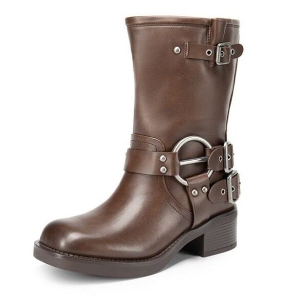 Women Mid Calf Boots PU Square Toe Motorcycle Adjustable Buckles Riding 8.5 & 9 - Picture 1 of 14